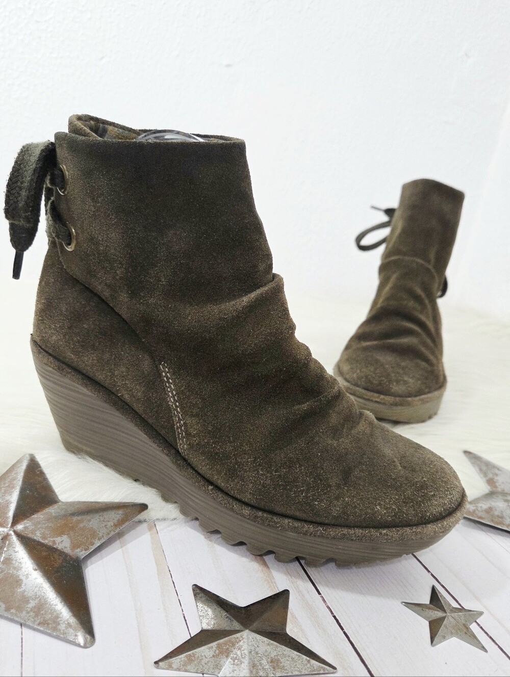 Fly London Yama wedge ankle boots dark olive green suede sludge women's Size 38